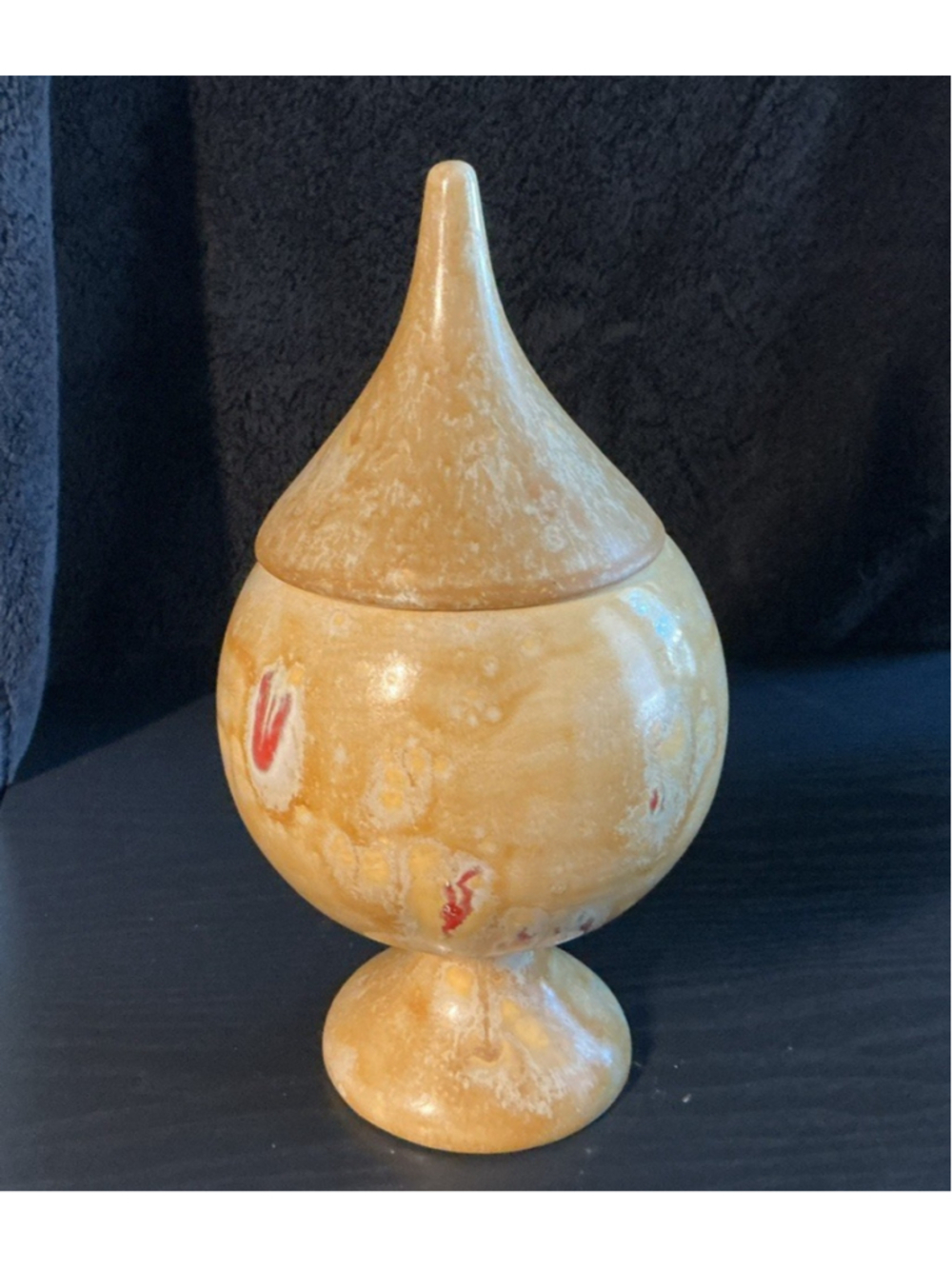 Vintage Teardrop-Shaped Lidded Vessel Ceramic and Porcelain beige/ red…..10.5”